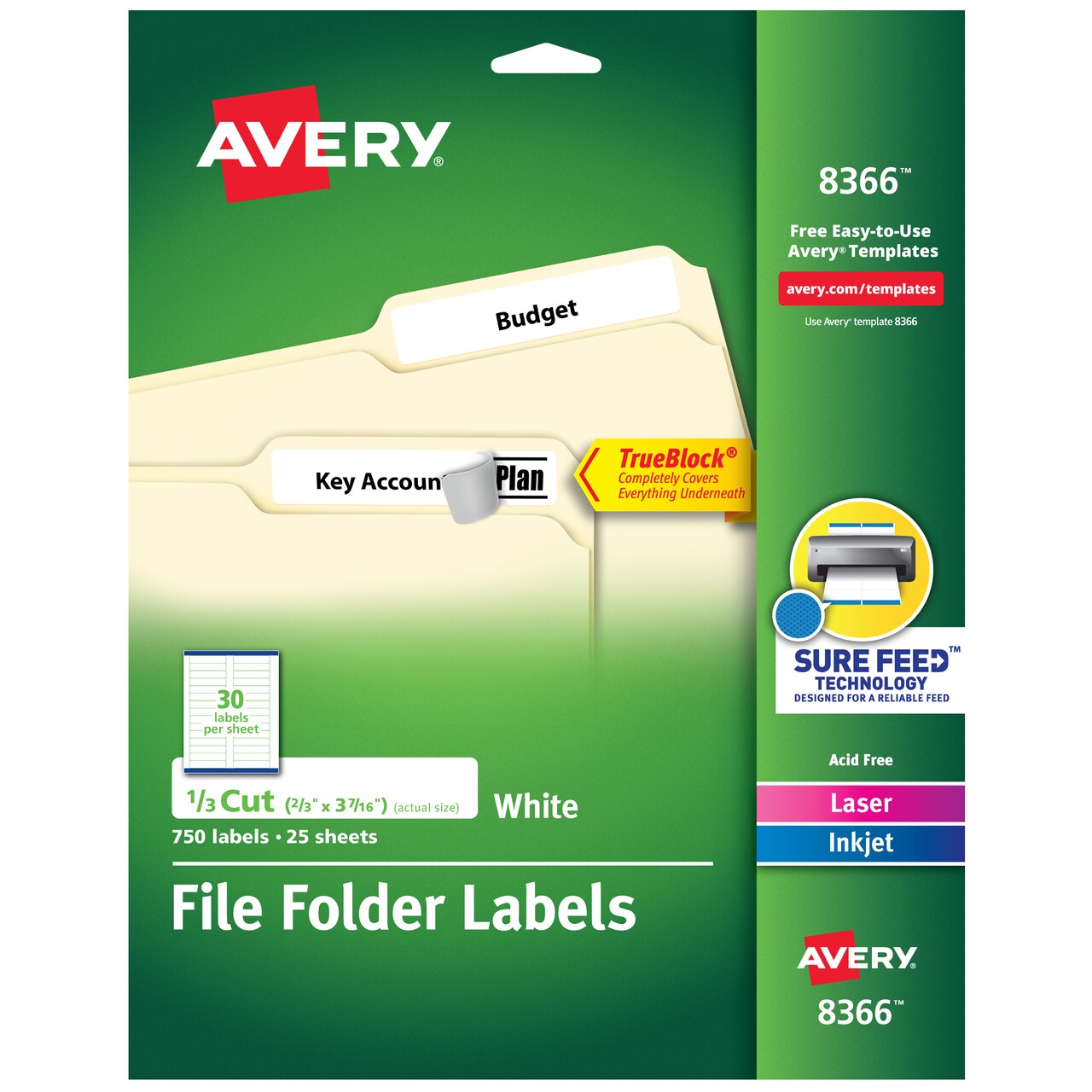 Avery File Folder Labels with TrueBlock Technology, Permanent Adhesive, 2/3" x 3-7/16", Laser/Inkjet, 750 Labels (8366) - 5 Pack